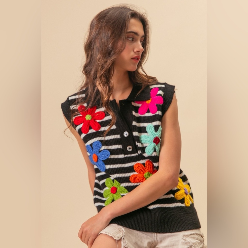 Bibi Flower Patch Striped Half Button Sweater Vest - image 4